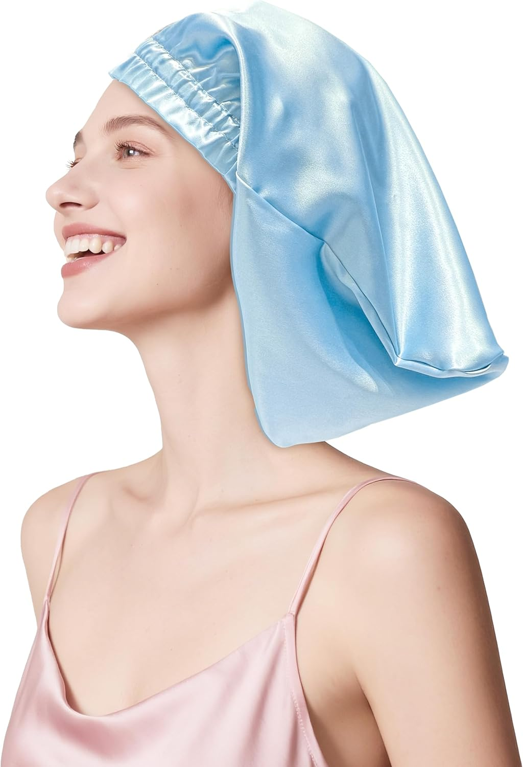 Townssilk Silk Bonnet for Sleeping, 100% 22 Momme Mulberry Silk for Women, Luxurious, Breathable, Sits Safe Overnight & Pressure Free, Ideal for Long & Curly Hair - Iceblue 32Cm image number 2