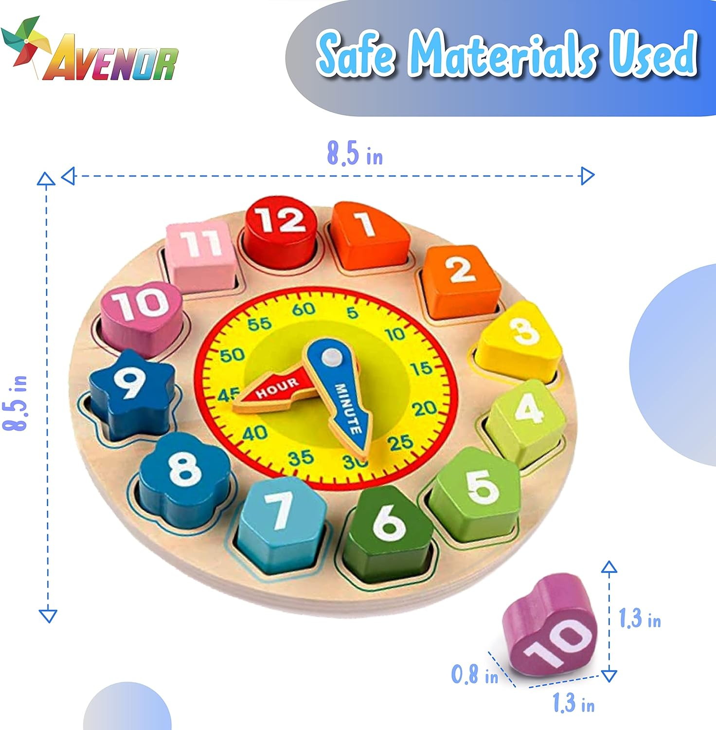 Avenor Teaching Time Clock Shape Sorting Number Blocks Early Learning Wooden Educational Toy for Kids image number 4