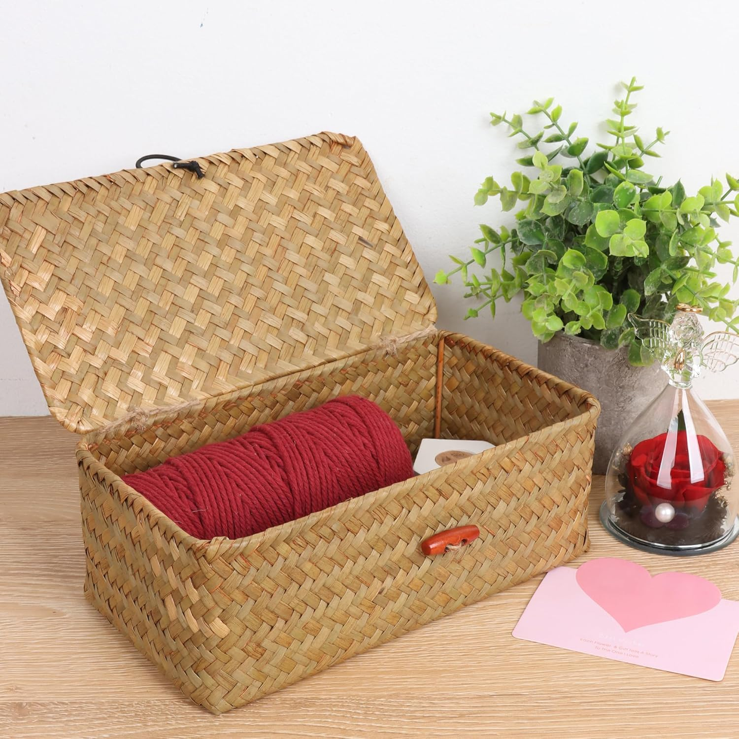 Wicker Shelf Baskets with Lid,Handwoven Seagrass Basket for Storage Basket Bins Rectangular Home Organizer Gift Boxes (Natural Large)