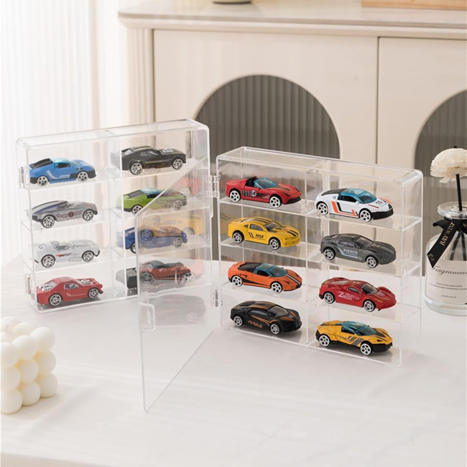 Jarlathy 1/64 Scale Matchbox Wheels Toy Car Display Case Holds 32 Toy Cars Storage Organizer, Clear Display Box with Clear Snap-On Dust Cover 6.5 X 7.5 X 1.6 Inches 4 Pack image number 3