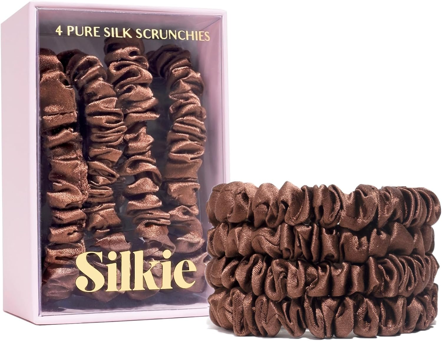 SILKIE 100% Pure Mulberry Silk Scrunchies Set of 4 Brown Travel Pouch Hair Care Elastic Hair Ties Ponytail Holder image number 5