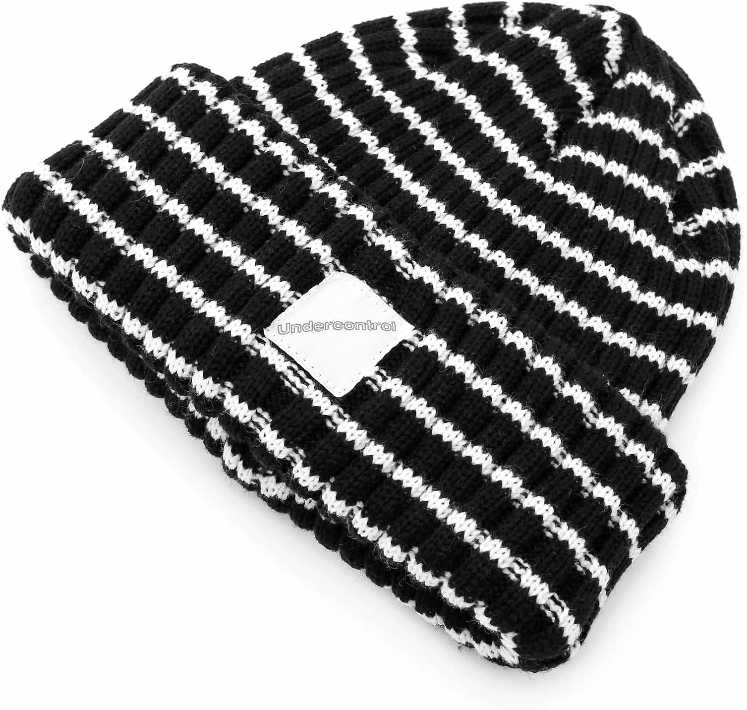UNDERCONTROL Square Logo Label Unisex Fall Winter Thick Long Stripe Cuffed Rollup Warm Beanie Korea Knit Skull Ski Hat image number 5