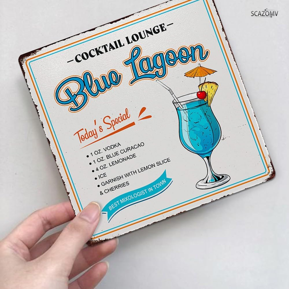 Cocktail Poster Vintage Metal Signs, Blue Lagoon Cocktail Recipes Tin Sign Decoration Bar Accessories Hanging Crafts Home Kitchen Pub Man Cave Wall Art Decor 8X8 Inch - Color060703 image number 6