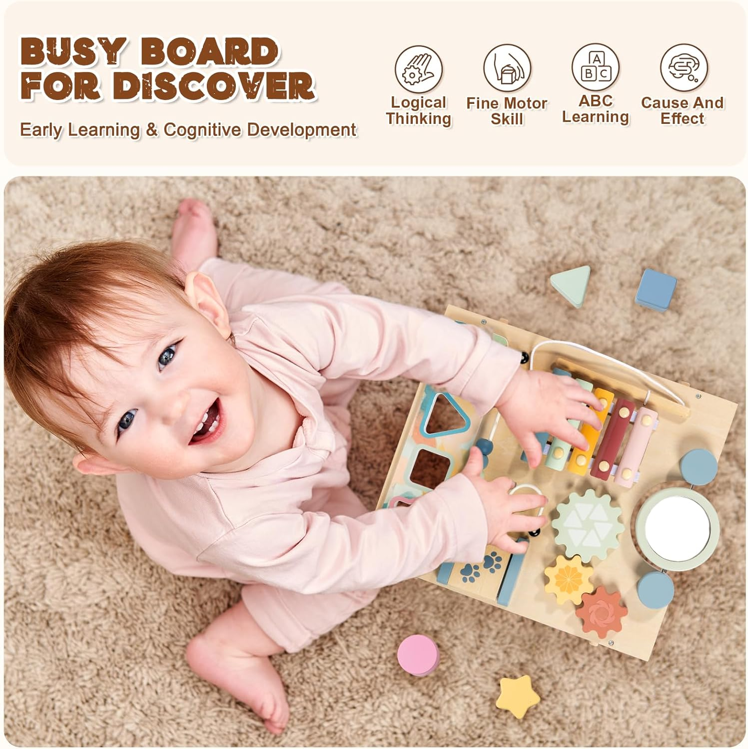 Lol-Fun Wooden Baby Walker with Detachable Busy Board Adjustable Speed Wheels for Boys Girls 6-12 Months image number 6