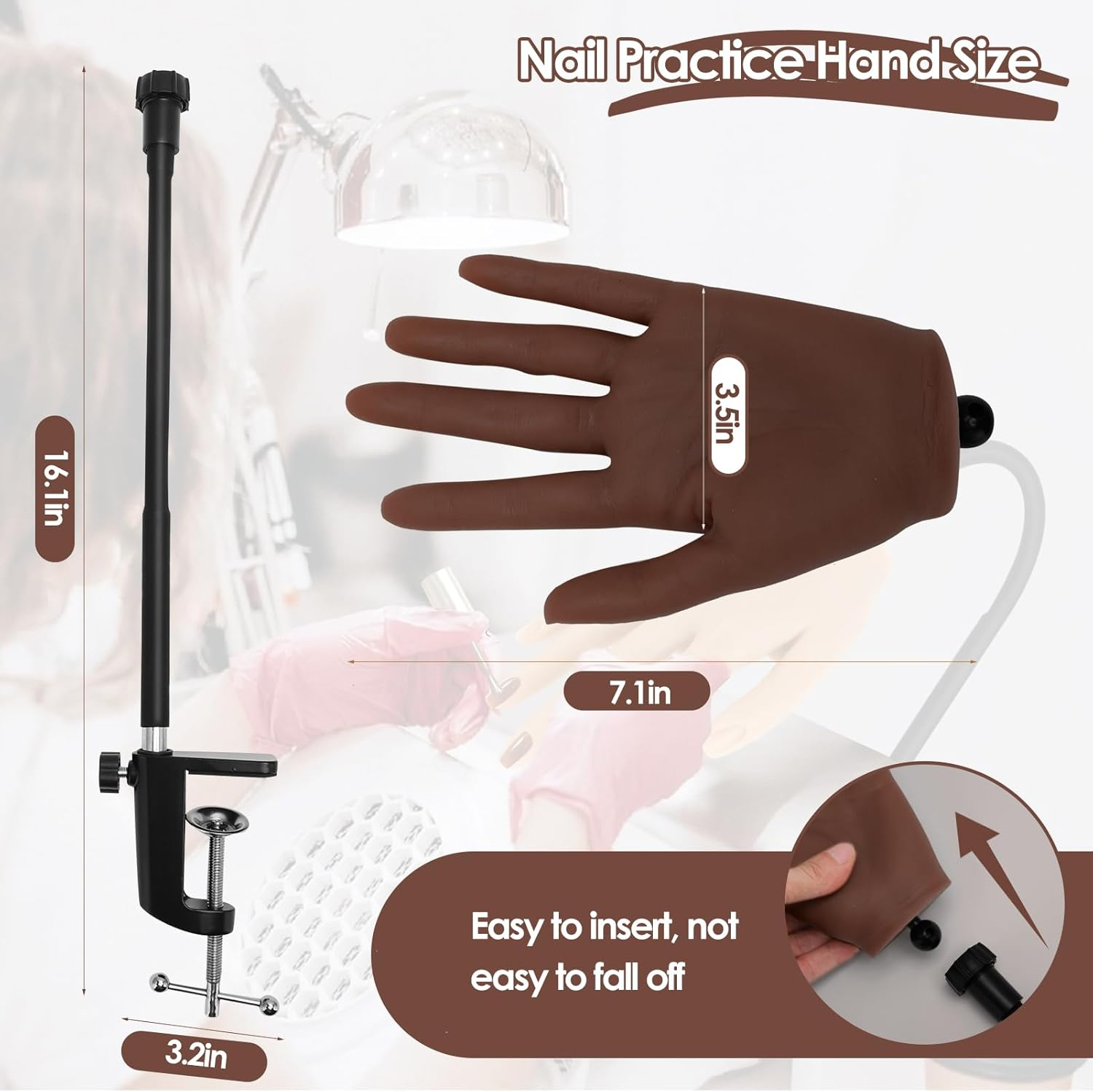 Practice Hand for Nail Design, Silicone Hand with Nail Tips, Flexible Movable Exercise Hand with Adjustable Holder, Practice Finger for Nail Design, Professional Practice Hand for Gel Nails (Brown) image number 2