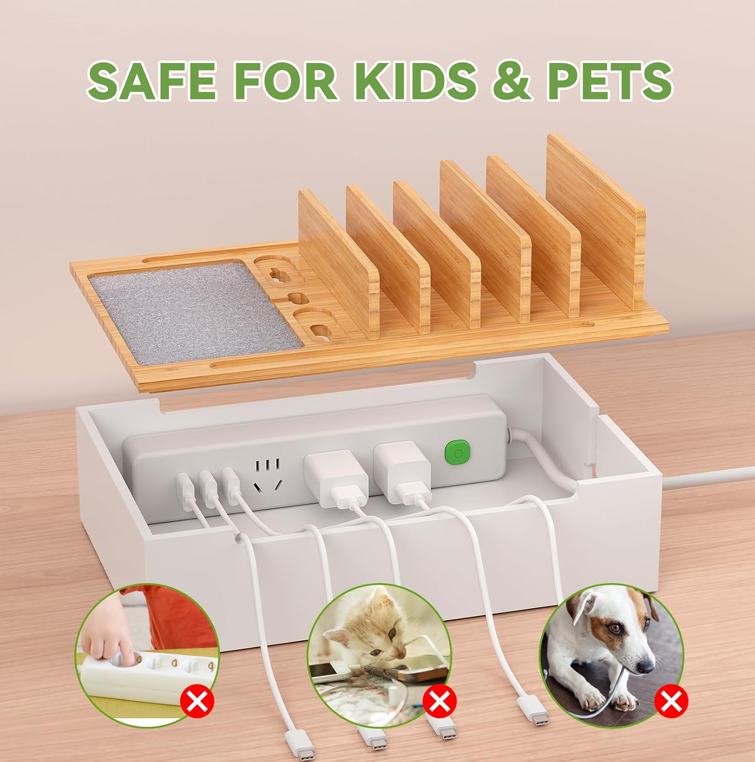 Pezin & Hulin Bamboo Charging Station for Multiple Devices, USB Charger Dock Organizer, with Power Supply (10 Ports HUB), 6 Cables, Cable Management Organizer for Cell Phones, Tablets -Natural+White image number 4