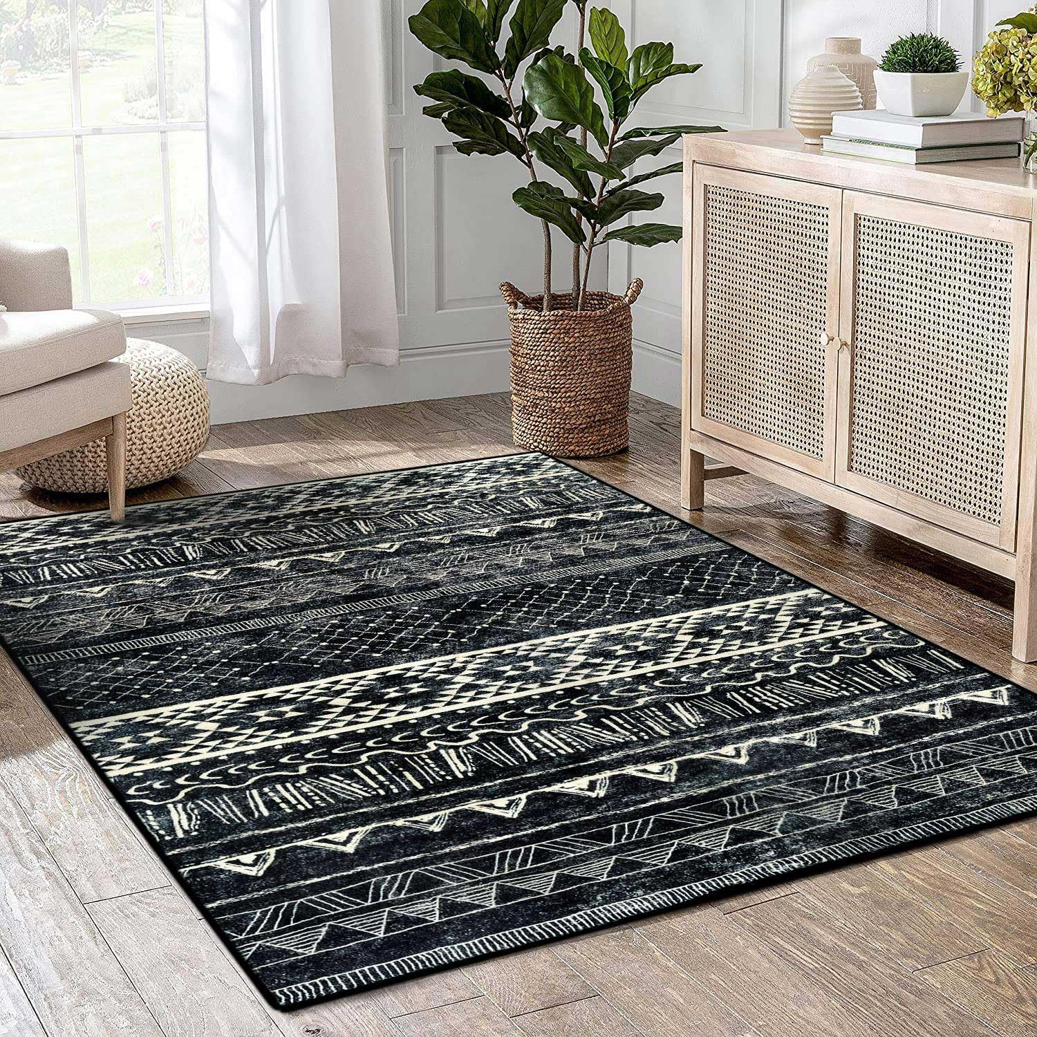 Tinyboy-Hbq Area Rug Living Room Rugs Bedroom Carpet Rug Luxury Imitation Cashmere Rug Modern Decorative Rugs for Living Room Floor Mats (Black/White) (160 * 200Cm(5.3 * 6.6Ft)) image number 4