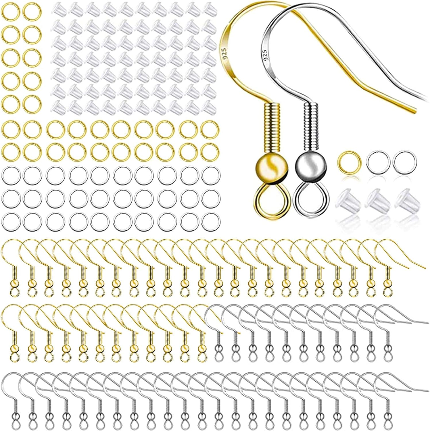 925 Sterling Silver Plated Earring Hooks 150 PCS/75 Pairs,Ear Wires Fish Hooks,500Pcs Hypoallergenic Earring Making Kit with Jump Rings and Clear Silicone Earring Backs Stoppers (Silver)