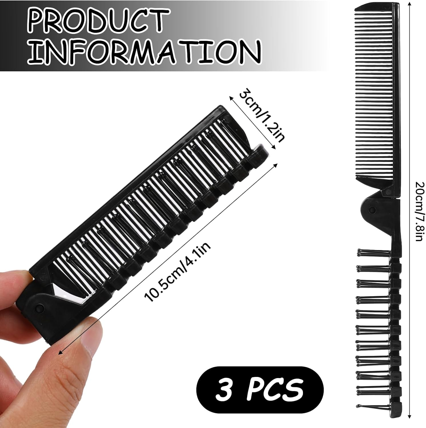 3PCS Folding Hair Brush and Comb, Portable Travel Comb Small Travel Size Brush Double Headed Anti-Static Hairdressing Plastic Tools for Men and Women, Thick and Thin Hair Black image number 3