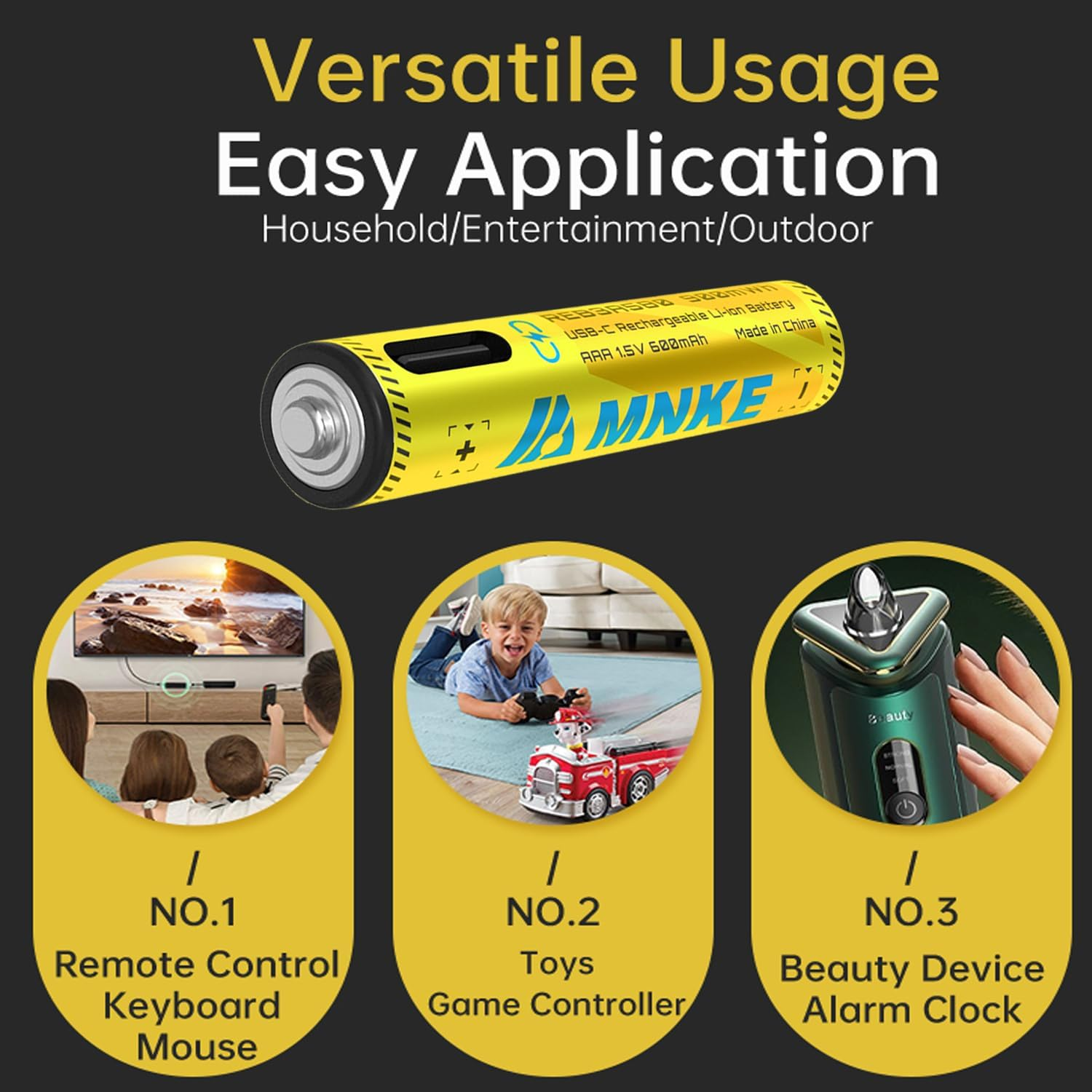 4PCS AAA Rechargeable Lithium Batteries 1.5V 900Mwh High-Capacity 2000+ Cycles Ultra-Long Lasting Time Durable Cycle 4-Pack Set with Type-C Cable (Black 4-Pack Set) image number 1