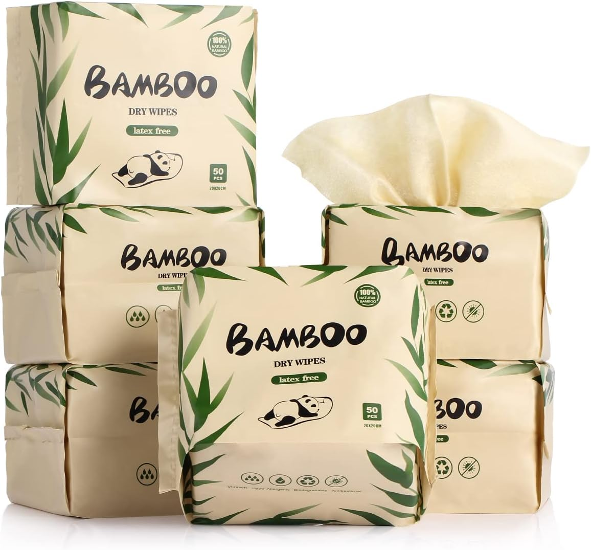 Ultra-Soft 100% Bamboo Dry Wipes - Hypoallergenic, Unbleached for Sensitive Skin | 2X Softer than Cotton | 100% Biodegradable | Makeup Remover & Baby Cloths | 6 Packs (300 Count) image number 2
