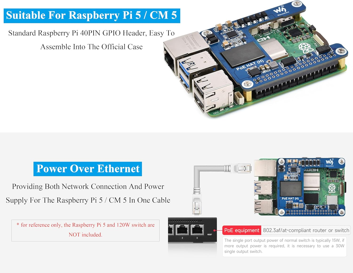 Poe HAT Compatible with Raspberry Pi 5/Compute Module 5, Power over Ethernet HAT 5V 5A Output, 802.3Af/At Network Standard, Isolated Switched-Mode Power Supply, Support Pi5 Case & Active Cooler
