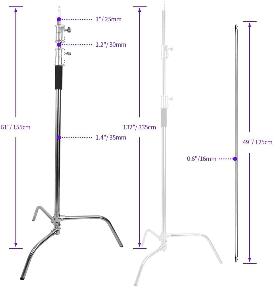 Heavy Duty Stainless Steel C-Stand with Boom Arm 132"/335Cm Adjustable Light Stand 49&ldquo;/125Cm Hold Arm Stand with One Adjustable Leg for Photography Studio Reflectors, Softboxes, Monolights image number 5