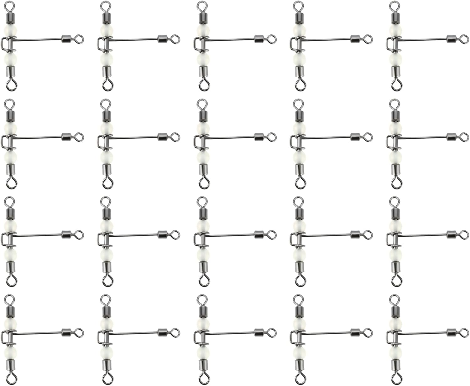 Emsea 20Pcs Heavy Duty 3 Way Fishing Swivels Luminous Triple T-Barrel Cross Line Swivels with Pear Beads for Saltwater Freshwater Tackle