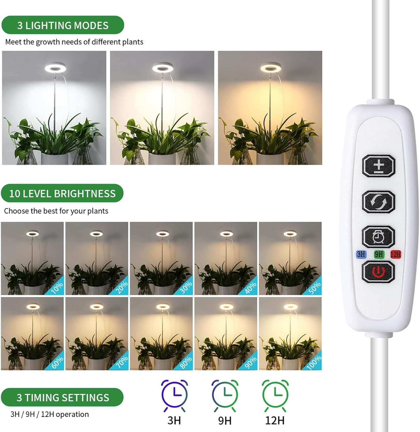 LED Grow Lights for Indoor Plants, Full Spectrum Plant Grow Light with Auto On/Off Timer, Height Adjustable Growing Lamp, 3 Modes & 10 Dimmable Brightness Levels image number 4
