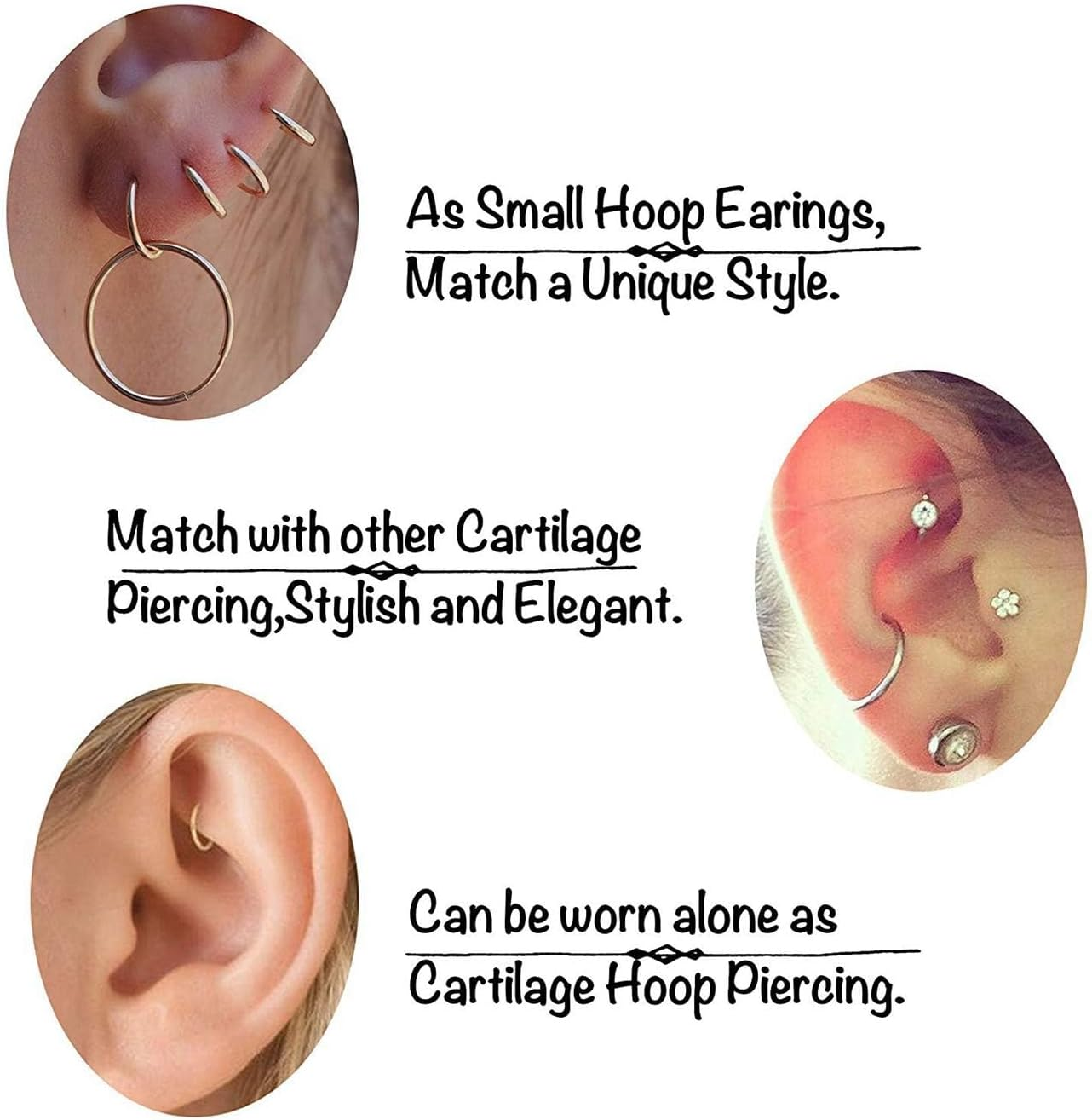 Kakonia 12 Pcs 6-16Mm Stainless Steel Cartilage Hoop Earrings for Women Girls Hypoallergenic Nose Ring Helix Lobes Hinged Sleeper Earrings Piercing Jewelry 16G Set