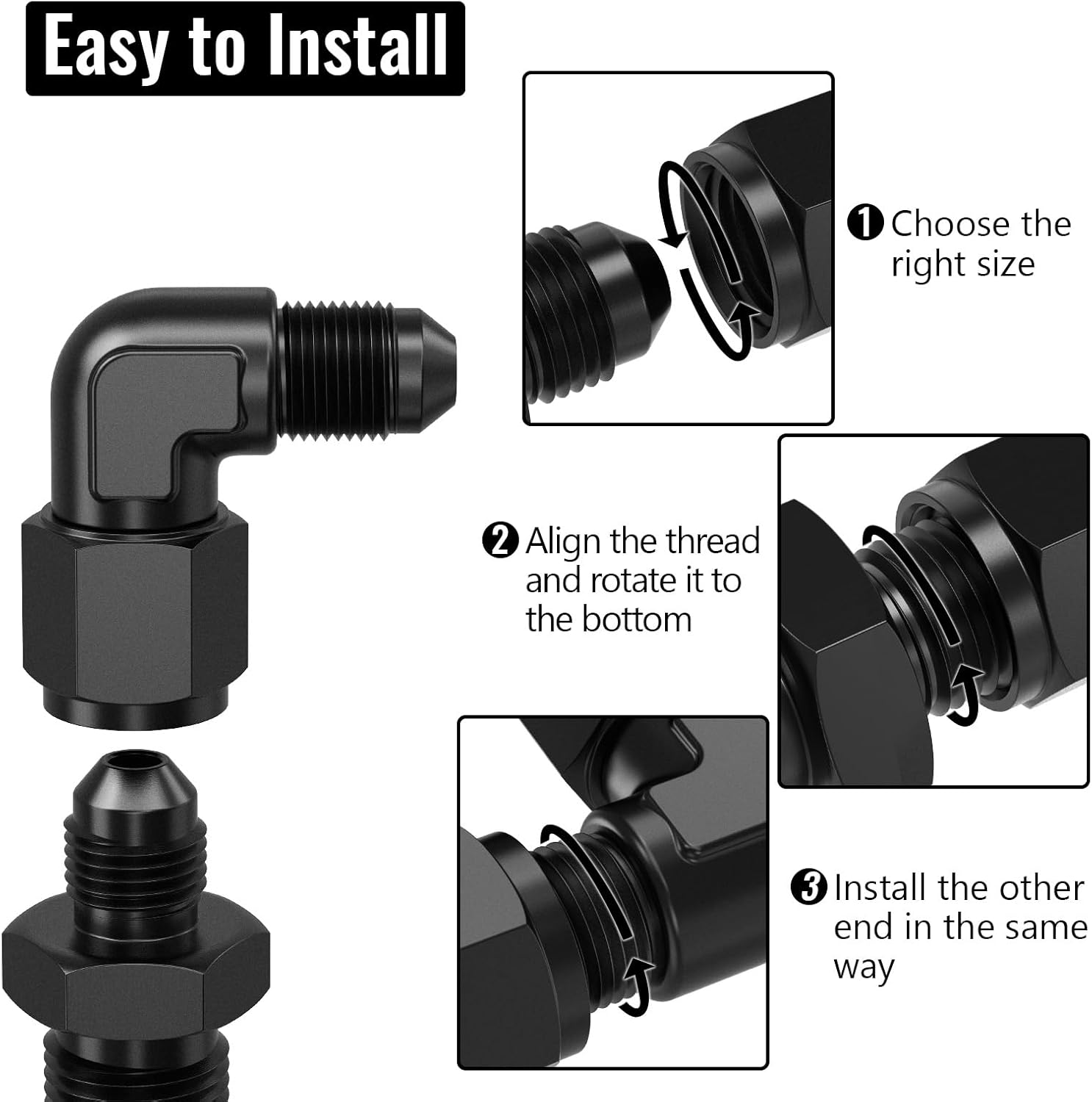 90 Degree 4AN Female to 4AN Male Swivel Flare Union Fitting Adapter, Black Hard Aluminum Hex Anodized Connector, Automotive Accessories Suitable for Vehicle Fuel Oil Line Modification image number 3