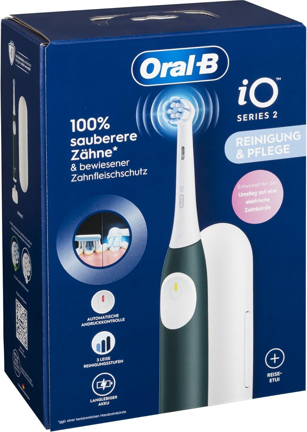 Oral-B Io Series 2 Electric Toothbrush, 1 Replacement Brush, 3 Cleaning Modes for Dental Care, Magnetic Technology, Travel Case, Toothbrush Holder, Designed by Braun, Forest Green