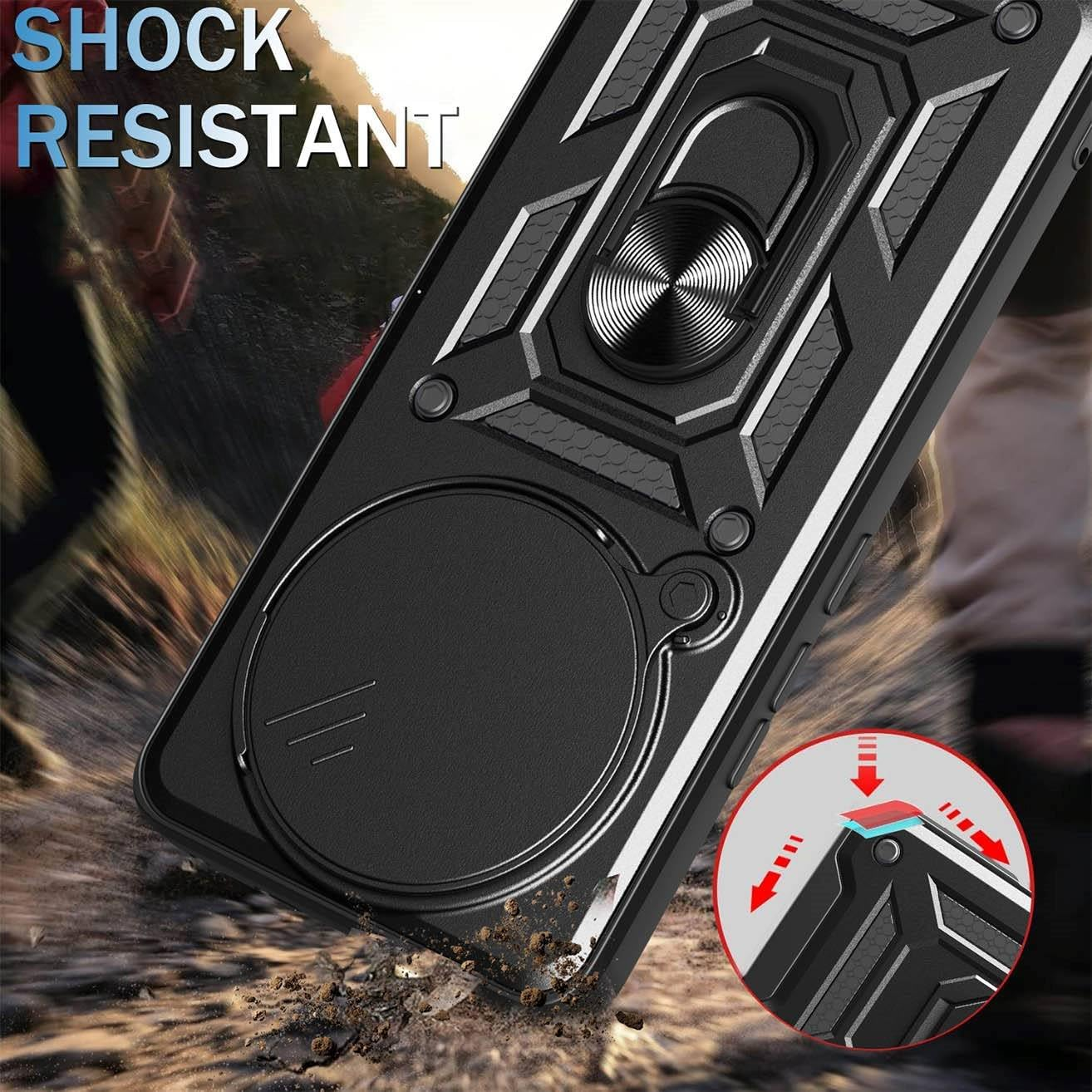 YUEQIAN Case for Xiaomi Redmi Note 14 Pro+ plus 5G, Sliding Camera Cover & Rotating Stand Ring Shockproof Mobile Phone Case, Hard PC + TPU Military Armour Scratch-Resistant Protective Case, Black - Red image number 7