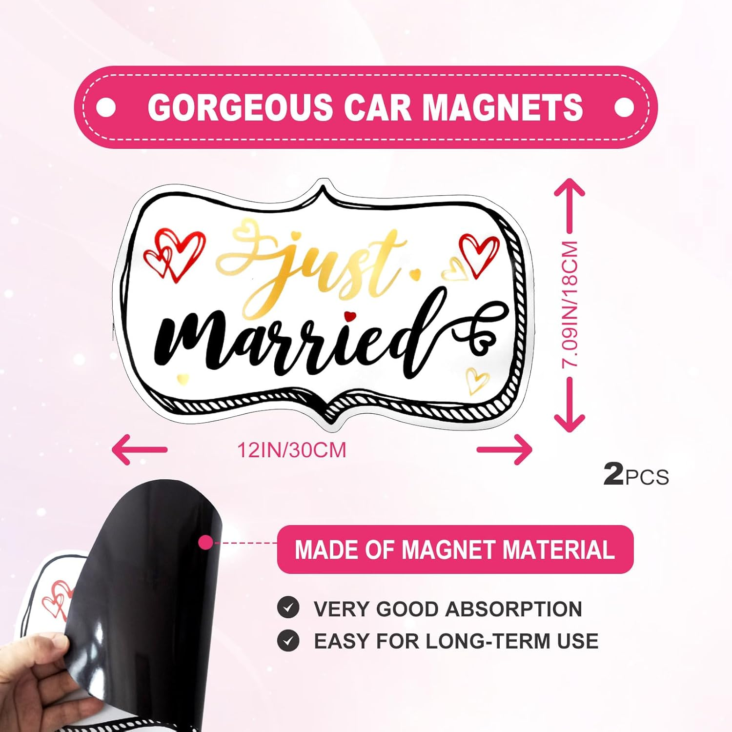 4 Pcs Just Married Wedding Car Decorations - Include Just Married Ornate Car Magnets 12X7, Just Married Car Wedding Day Car Window Decals 22.4X5, Just Married Sign Banner Car for Honeymoon Wedding