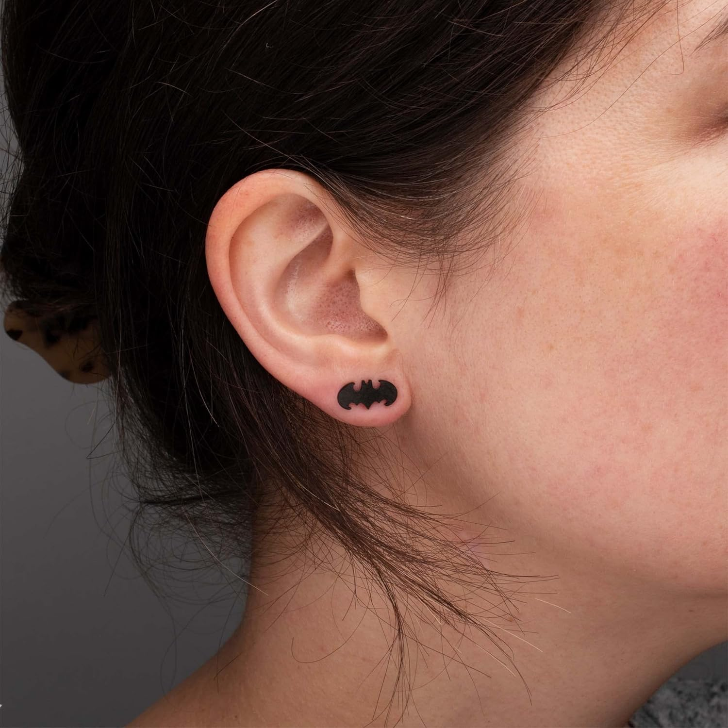 DC Comics Officially Licensed Hypoallergenic Batman "The Dark Knight" Cut Stainless Steel Stud Earrings, Unisex, One Size, One Size, Stainless Steel image number 3