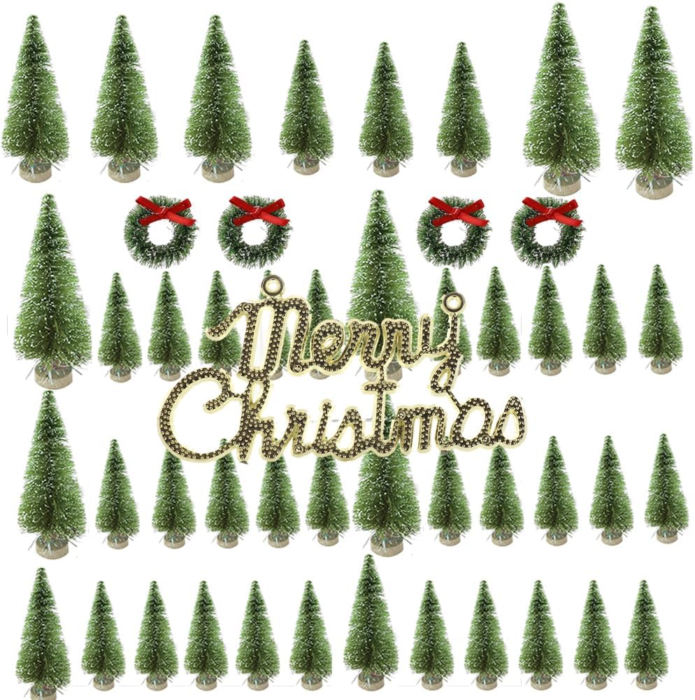 TREETDOBV 49Pcs Mini Pine Trees Artificial Mini Trees with Wood Base Sisal Trees, Bottle Brush Trees Set, Miniature Pine Trees DIY Crafts Sisal Trees for Christmas Table Room Decor(#1) image number 2