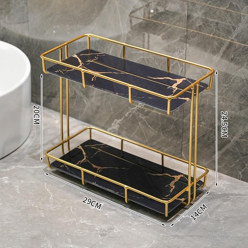 Bathroom Organizer Countertop Perfume Organizer, Makeup Organizer Cosmetics Storage Display Rack Vanity Tray, Dresser Stainless Steel Gold Shelf Marble Ceramic Tray (Black) image number 3