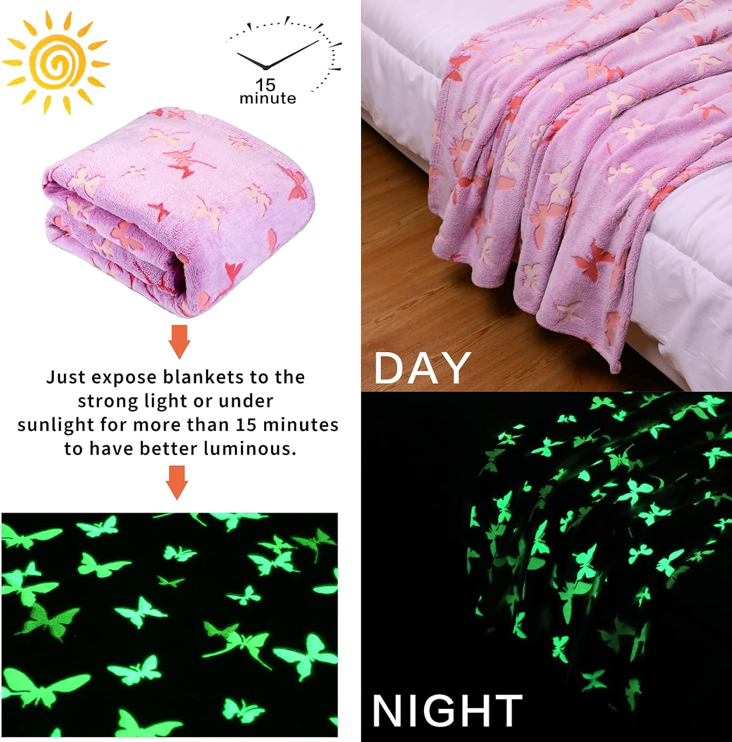 Glow in the Dark Blanket Butterfly Gifts for Kids Girls Birthday Christmas Bedroom Bed Room Decor Soft Cozy Fluffy Plush Fleece Premium Luminous Throw Fun Cool for Teen Toddler 50"X60"