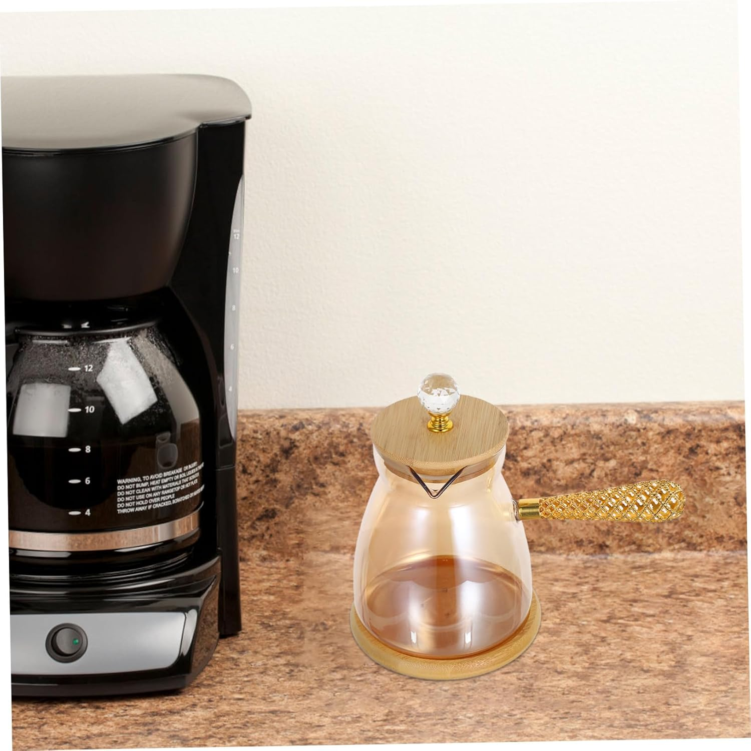 HOLIDYOYO Turkish Coffee Pot Glass Teapot with Long Heat-Resistant Handle for Manual Brewing Stovetop Espresso Maker and Loose Leaf Tea Elegant Gold Finish for Home and Office Use image number 4