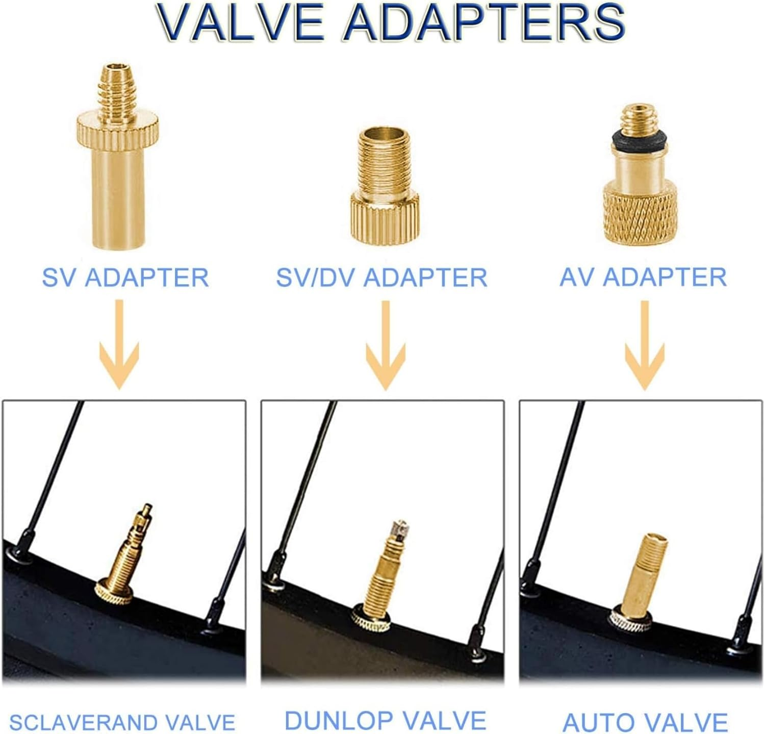 GAIVEK 16 Pcs Brass Bike Pump Adapter, Bicycle Valve Adapter Set, Schrader Valve, Presta Valve, Bicycle Inflator Kit, DV AV SV Bike Valve Adaptor Converter for Tire Inflator Air Pump Compressor