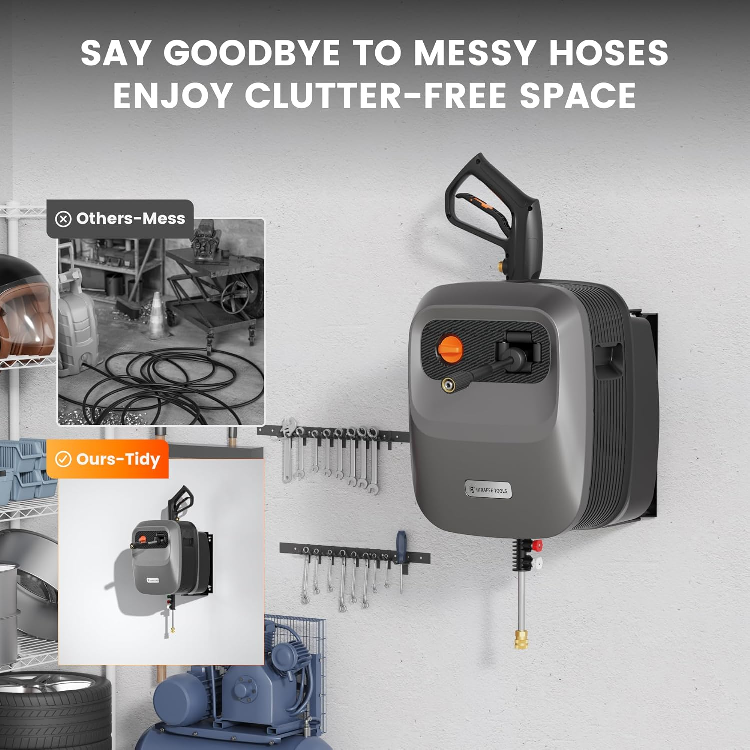 Giraffe Tools Grandfalls Pressure Washer G20B, Electric Wall Mounted Power Washer, 20 M Retractable Black Pressure Hose with 180&deg; Rotating Bracket, Max 2400 PSI, Dark Silver image number 3