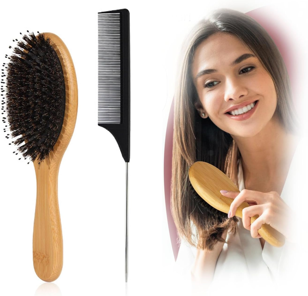 Boar Bristle Hair Brush Set, Natural Massage Hair Brush, Wooden Paddle Hairbrush, Slick Backbrush for Long and Curly Hair Thick, Hairbrush Detangling Smoothing All Hair Types image number 2