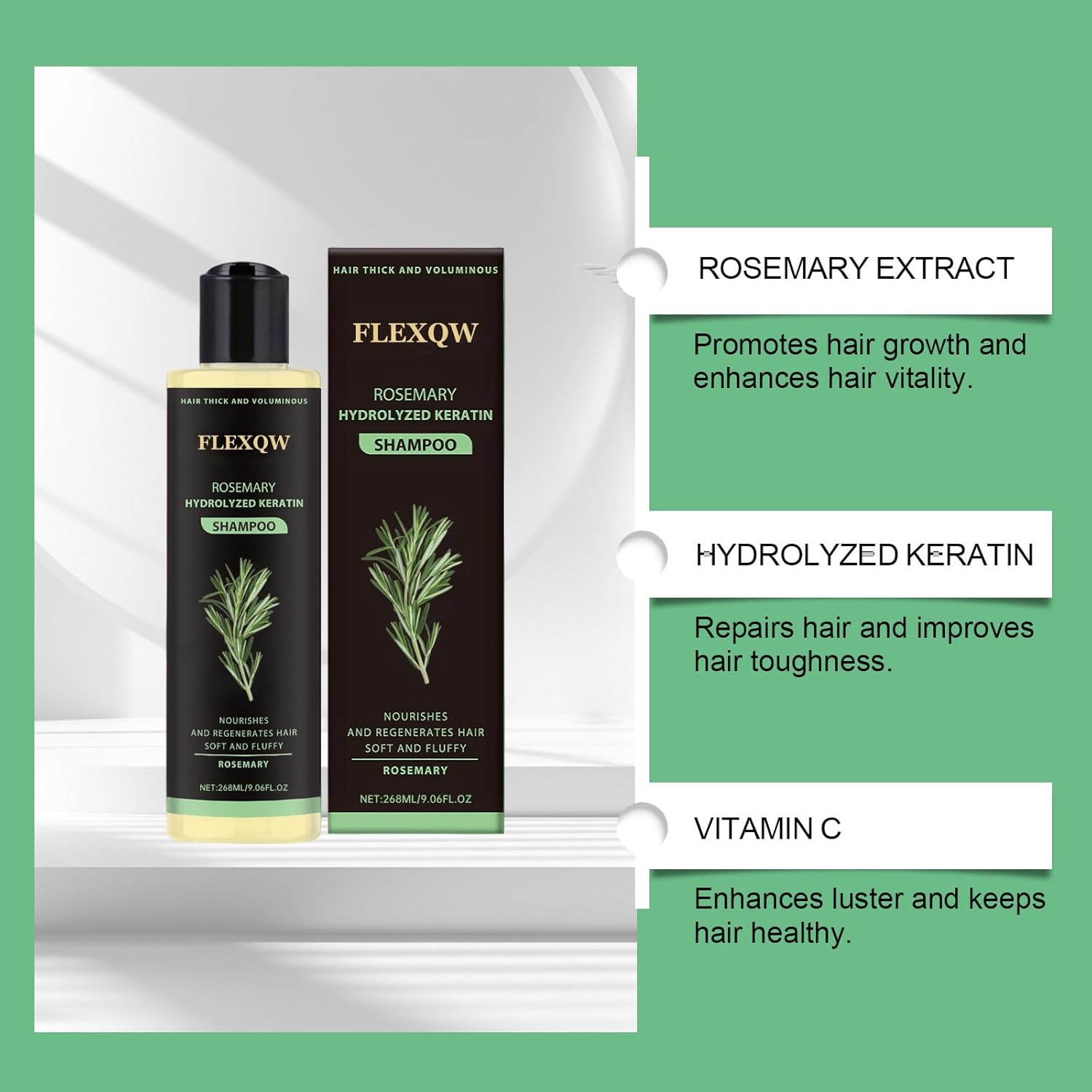 Rosemary and Hydrolyzed Keratin Shampoo, Nourishing Volumizing Formula for Damaged Hair, Lightweight Softening Treatment, 268Ml image number 4