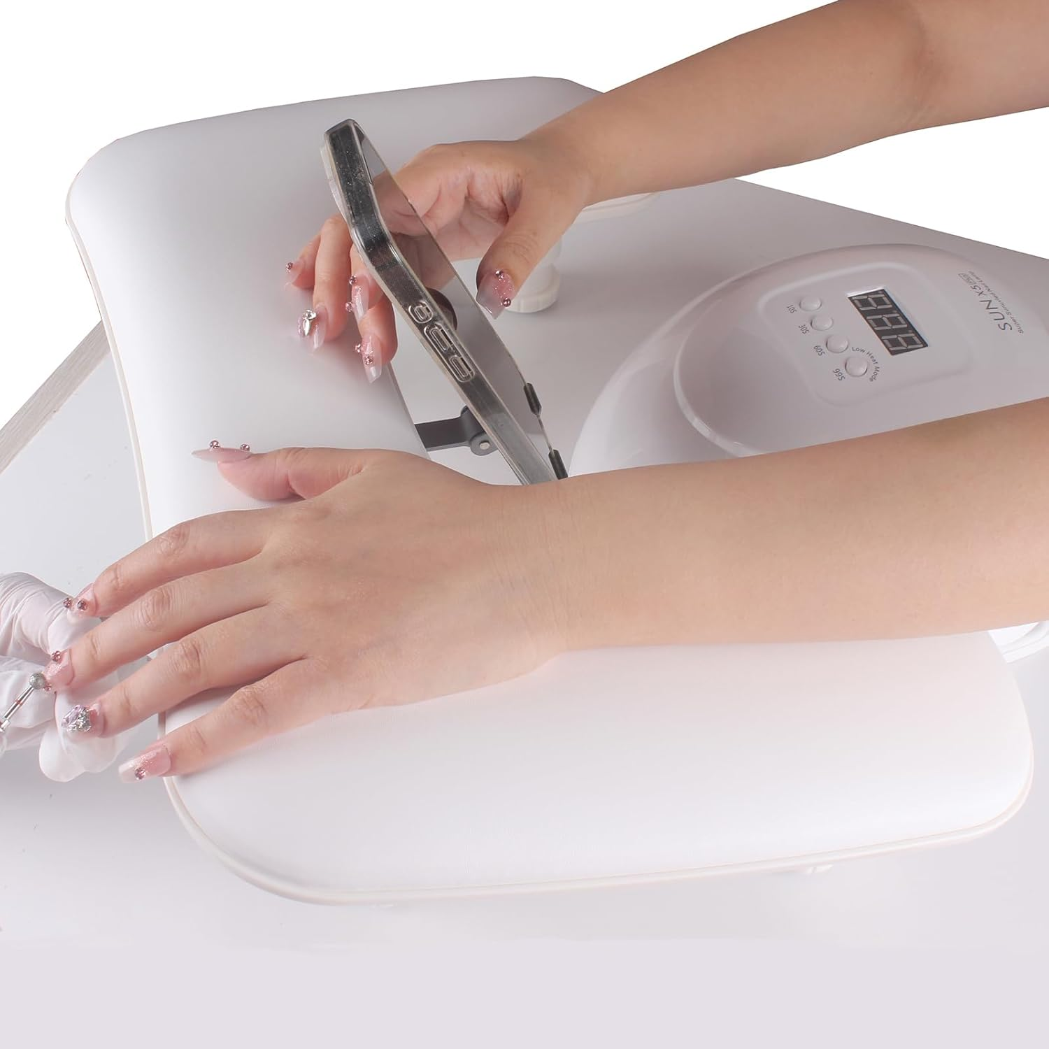 Manicure Arm Rest with Rotating Phone Holder for Nails Tech, U - Shaped Adjustable Nail Hand Rest Stand PU Leather (White) - White image number 2