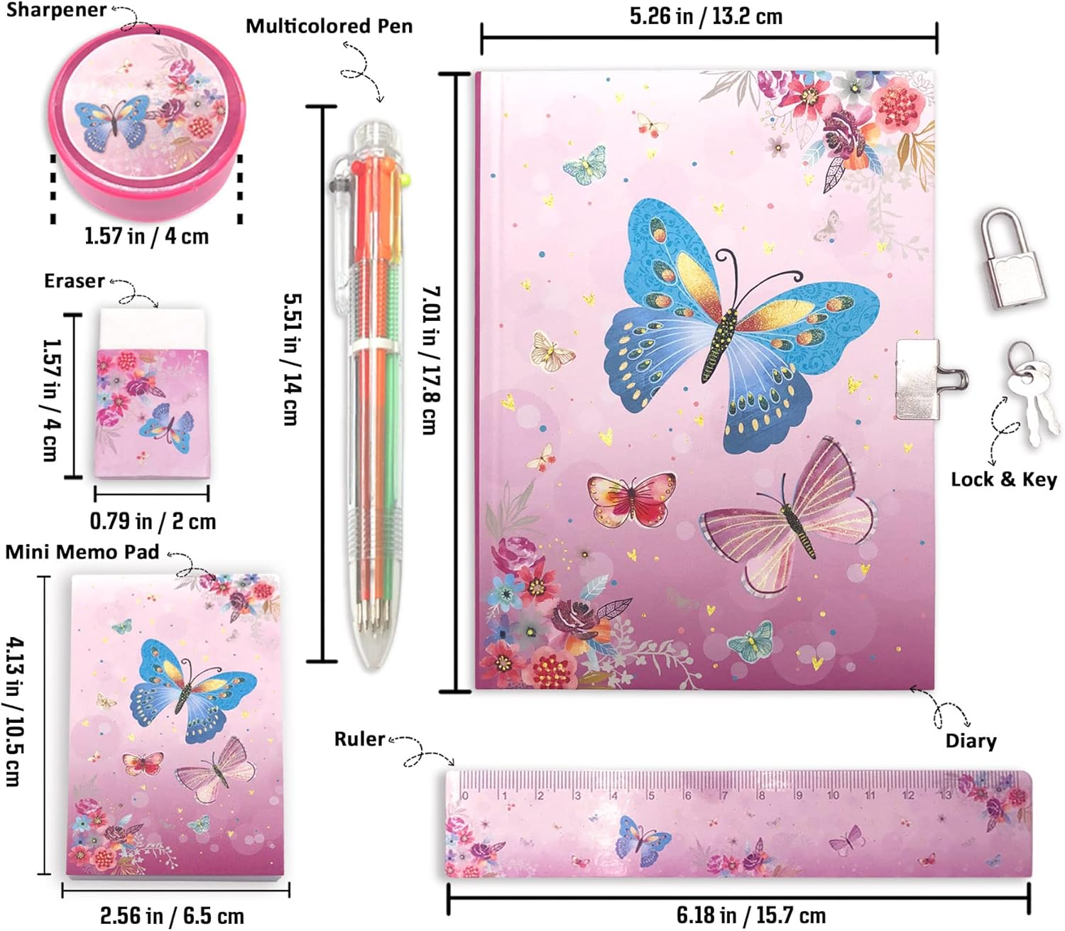 Set of Girls Diary with Lock, Butterfly Kids Journal Pen Set Includes 7.1X5.3 Inches Pink Girls Notebook Memo Pad Ruler 6 Multicolored Pen Sharpener Eraser Stationary Kit Gifts for Girls 6-10 Year image number 4