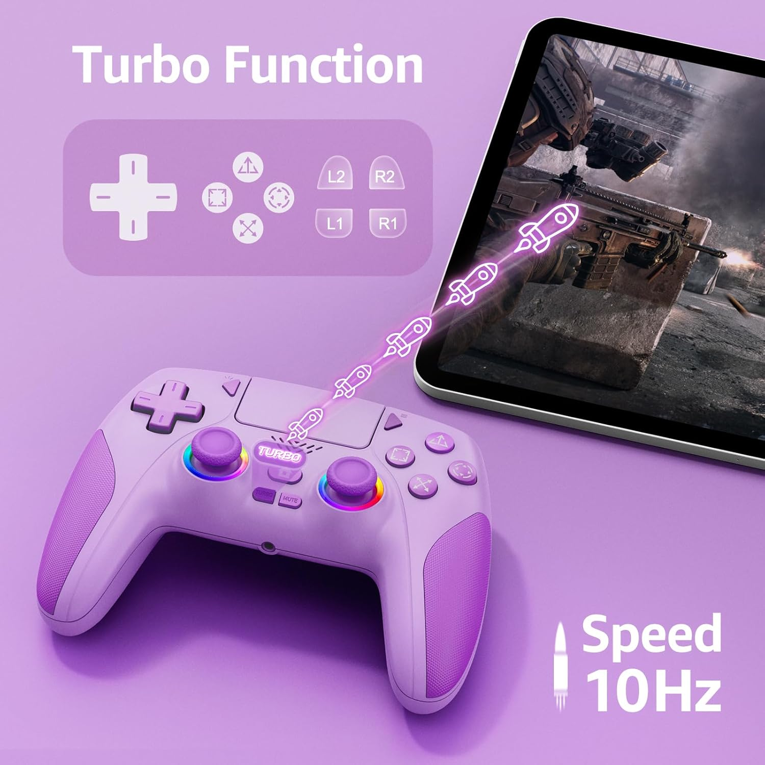 IWGAME Wireless Controller for PS-5/PC, Cool RGB Light Controller with 2 Back Buttons Support Programmable/Reamp/Turbo Functions, Hall Effect Joysticks & Triggers Gamapad(Purple) image number 3