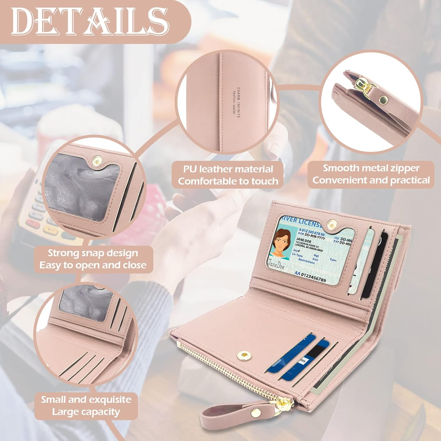 Bifold Leather RFID Blocking Wallet for Women Mini Ladies Purse with Coin Pocket, with Zipper Buckle, Credit Card Holder Coin Purse PU Small Short Wallet (Pink) image number 4