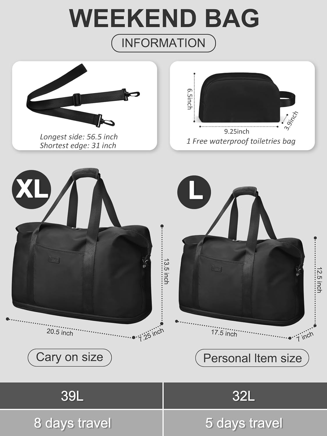 Expandable Travel Duffle Bags Weekender Overnight Bags for Women Men Hospital Bag for Women Labor Delivery with Toiletry Bag Waterproof, Black, Large, Casual, Practical, Travel-Oriented