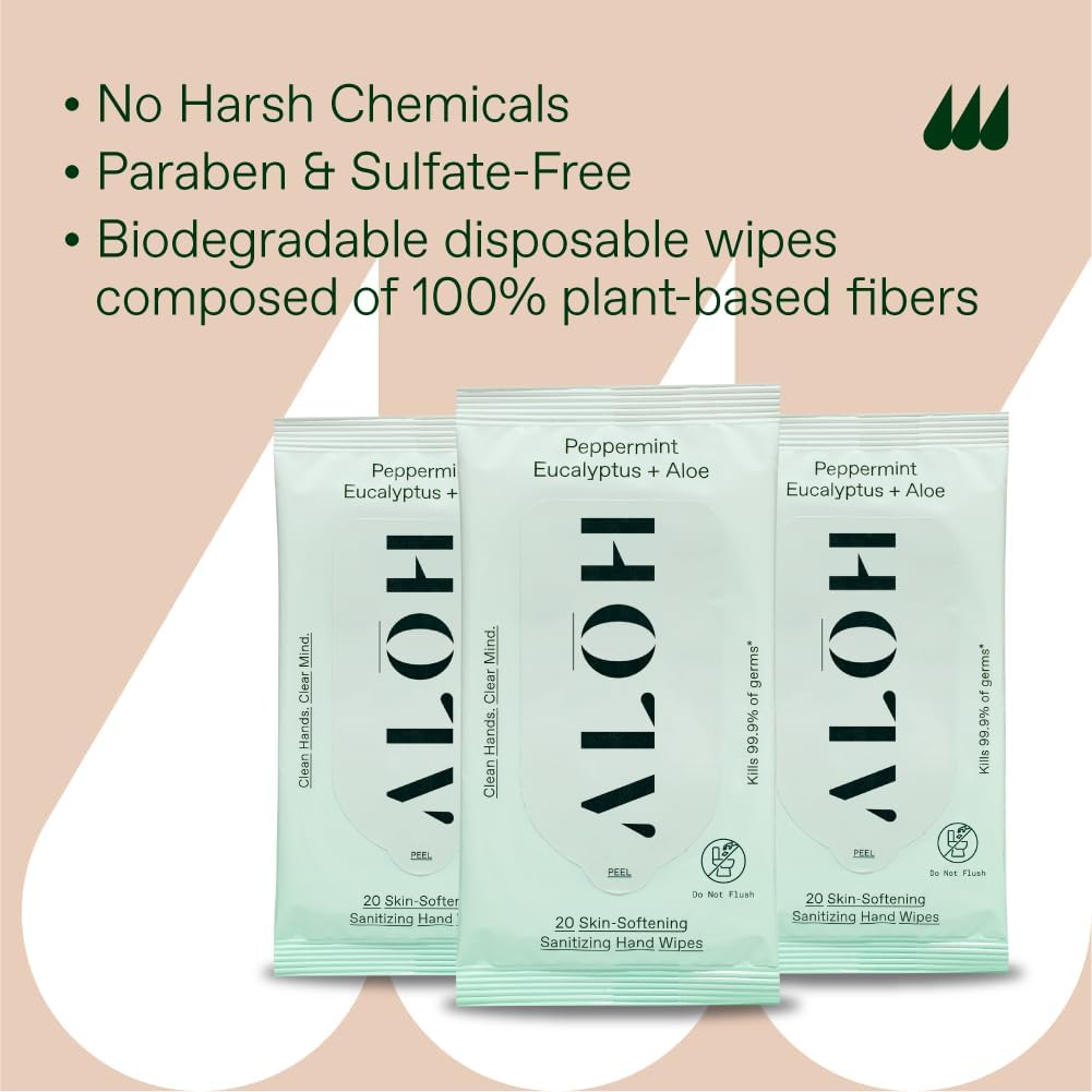 ALŌH Peppermint Eucalyptus + Aloe Sanitizing Hand Wipes - Clean Hands, Clear Mind on the Go Sanitizer for Kids and Adults - Travel Size 3 Pack 20Ct Wipes (60 Wipes) image number 1