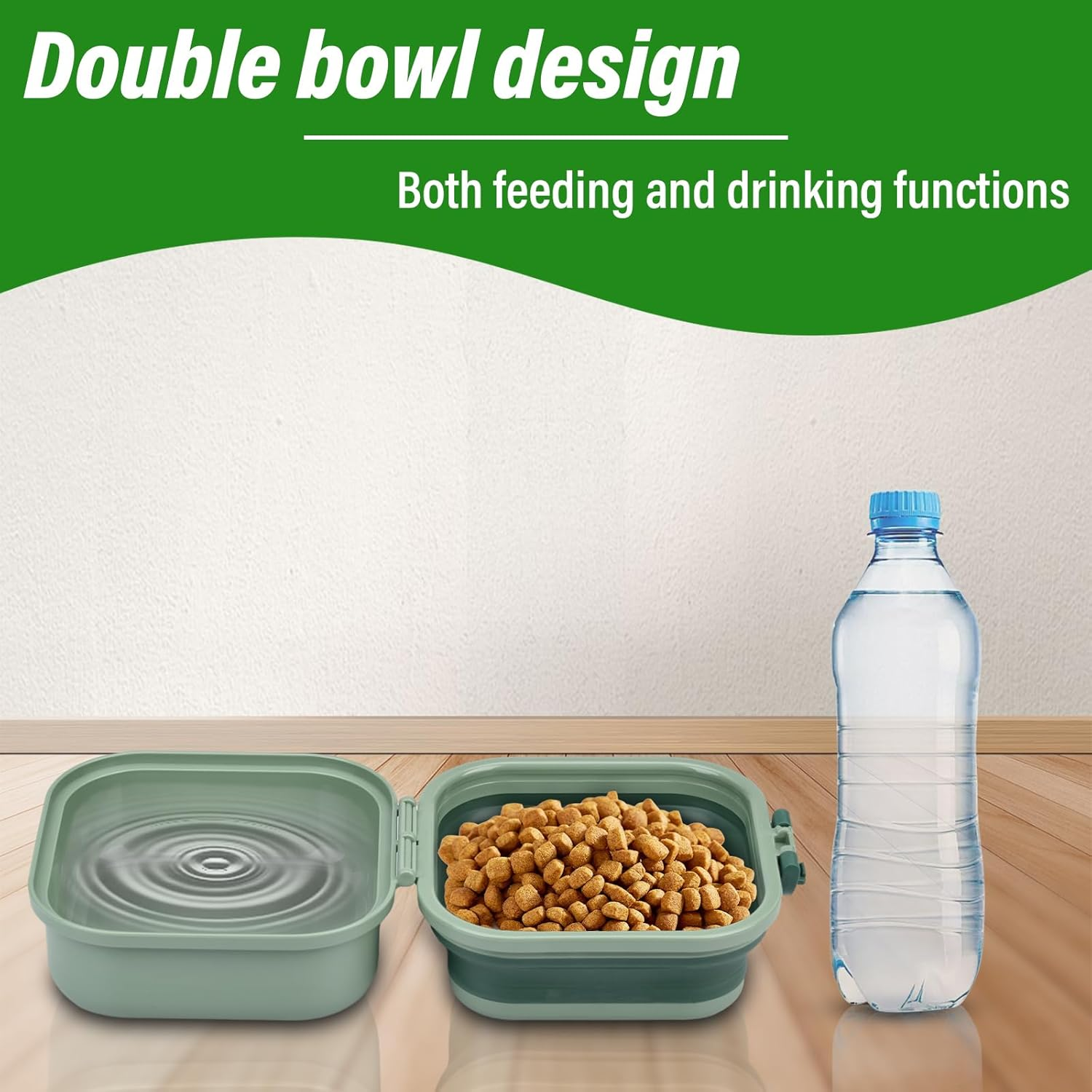 Portable Foldable Dog Bowl, 400 + 400 Ml, 2-In-1 Food Bowl, Travel Bowl, Dogs with Lid and Carabiner for Dogs and Cats, for Travel or at Home, Green image number 4