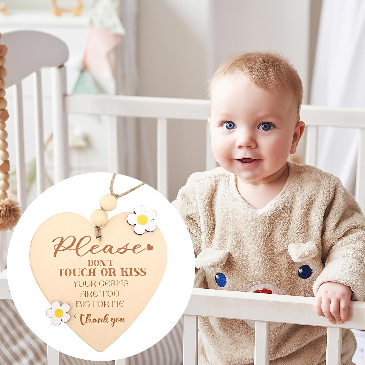Please Do Not Touch or Kiss Baby Sign, Wooden No Touching Baby Signage for Newborns Car Seat & Stroller Tag Ideal for Baby Shower(Heart) image number 5