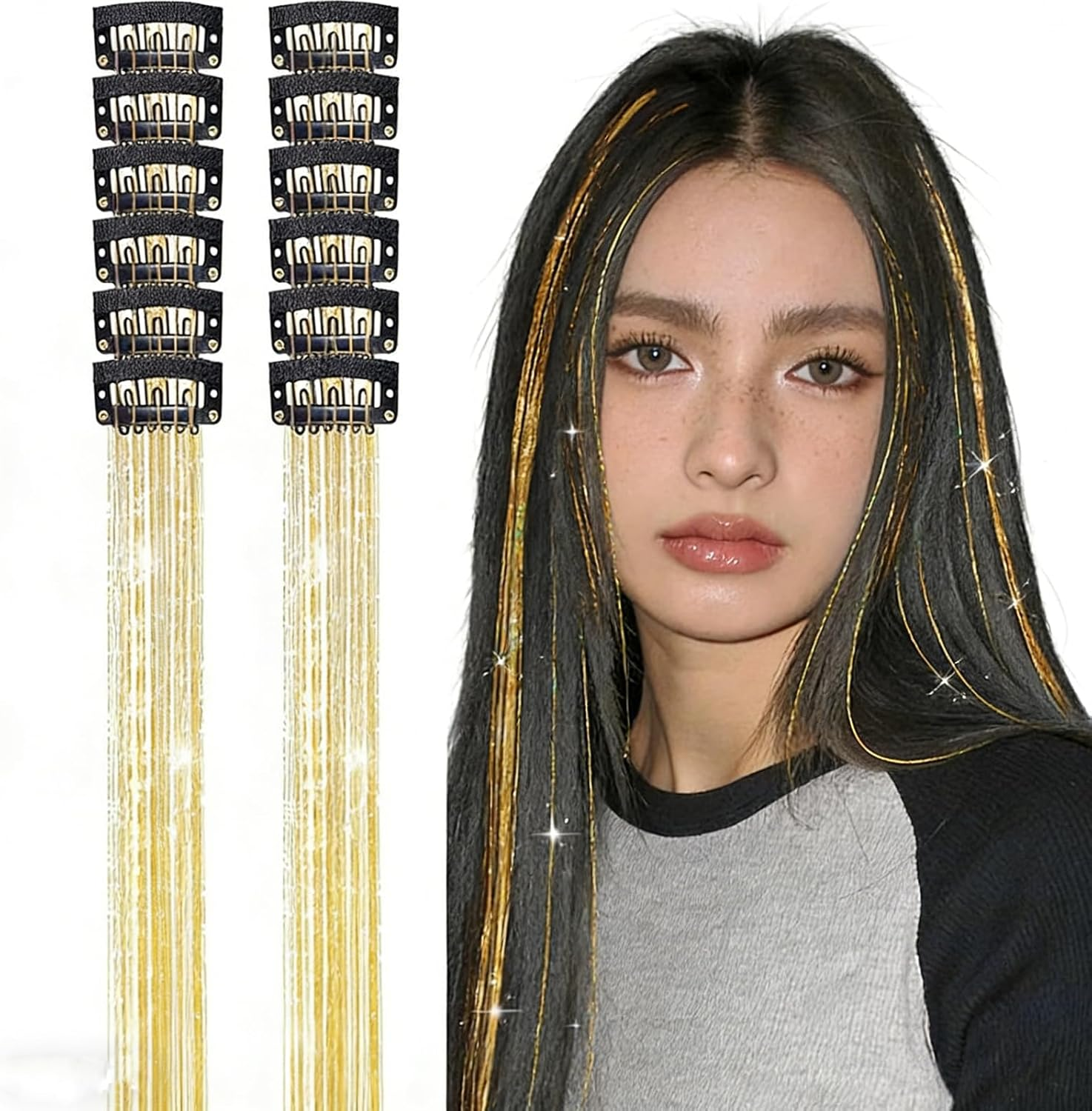 Hair Tinsel Clip in Gold Fairy Hair Tinsel Kit, 12 Pcs 20 Inch Glitter Clip in Hair Extensions for Girls Women Kids Christmas New Year Festival Party (Colorful)