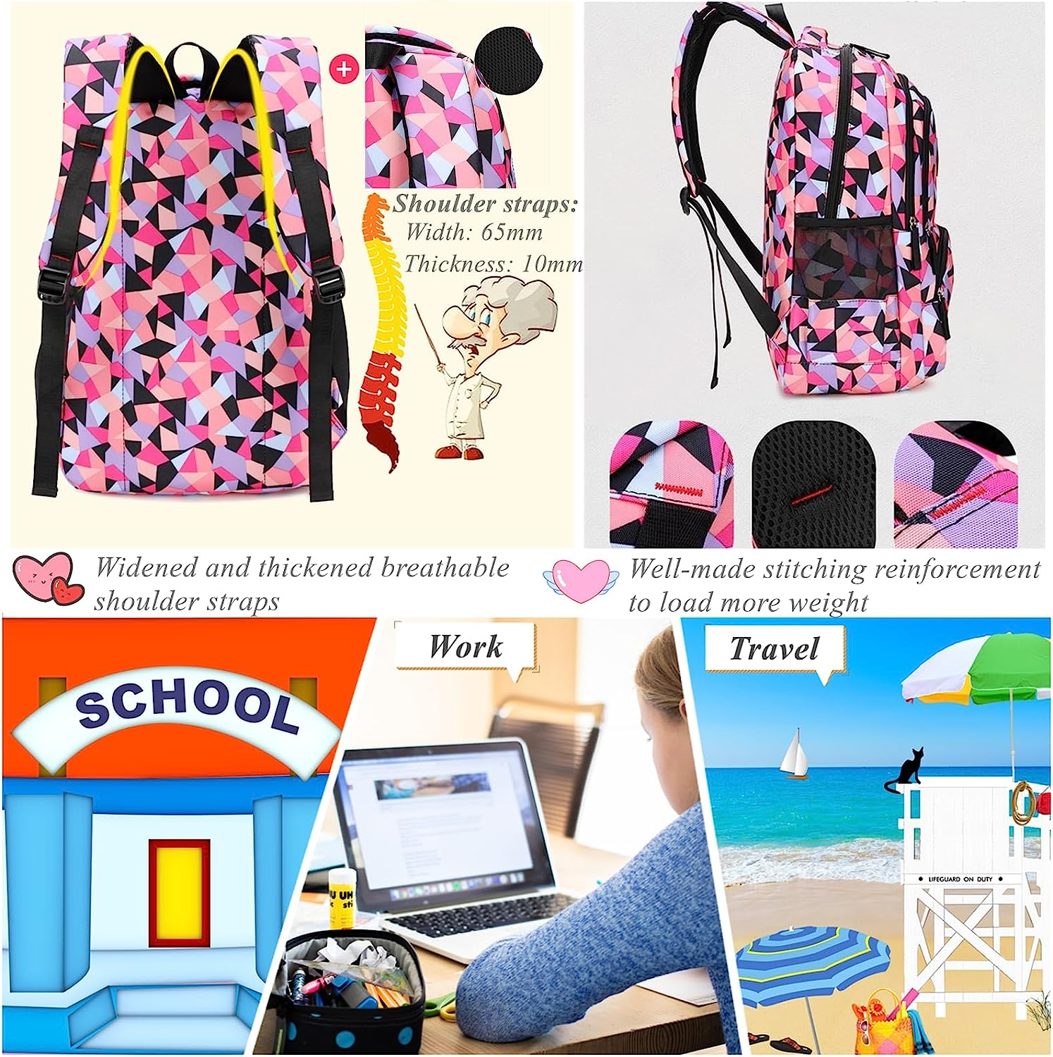 Geometric Print Girls Boys Backpacks for Kids Primary School Bags image number 3
