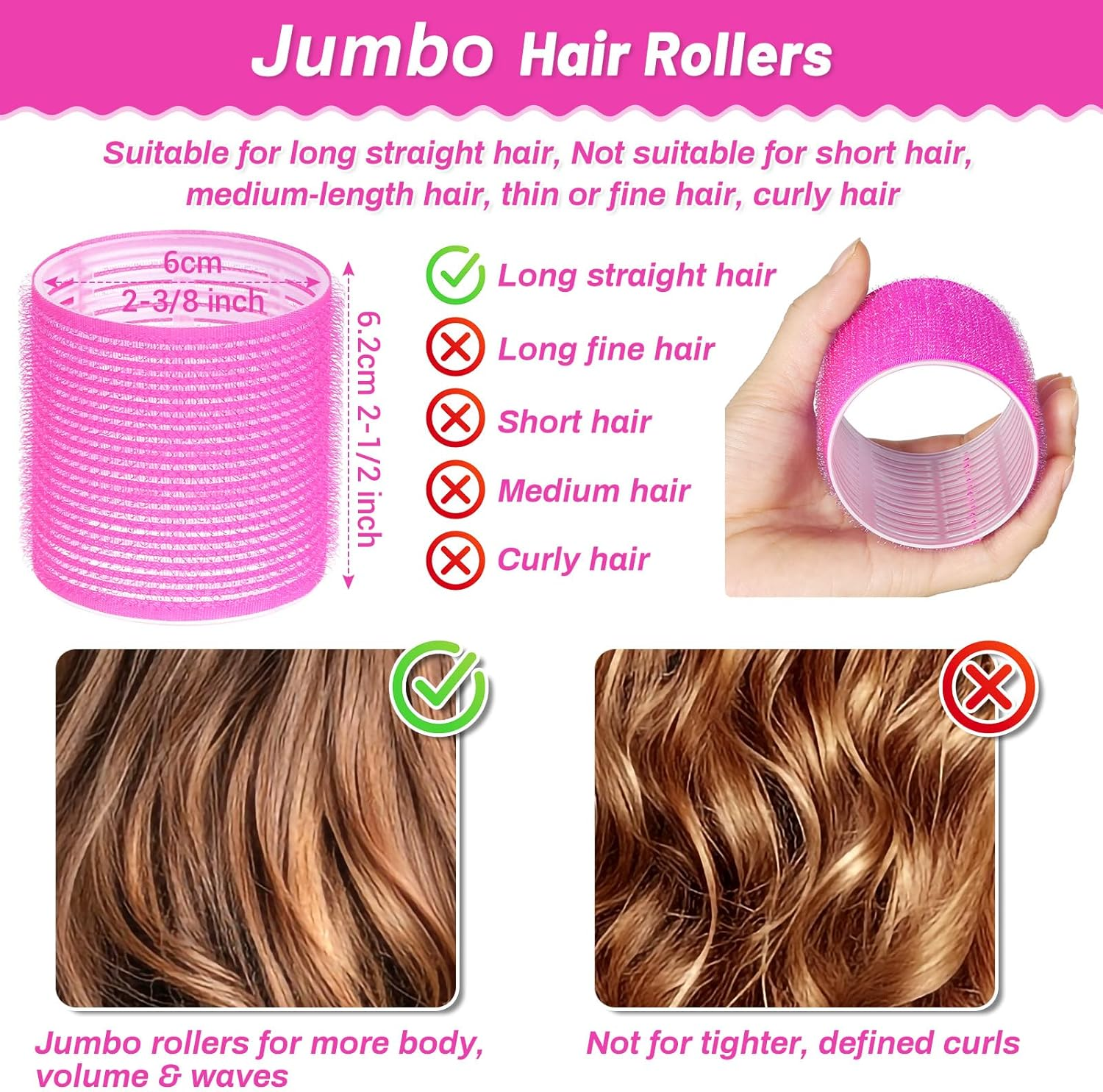 Jumbo Hair Curlers Rollers, 12Pcs 60Mm Jumbo Hair Roller Curlers Self Grip Holding Rollers with 12Pcs Hair Clips for Long Straight Thick Hair (Rose Red) image number 5