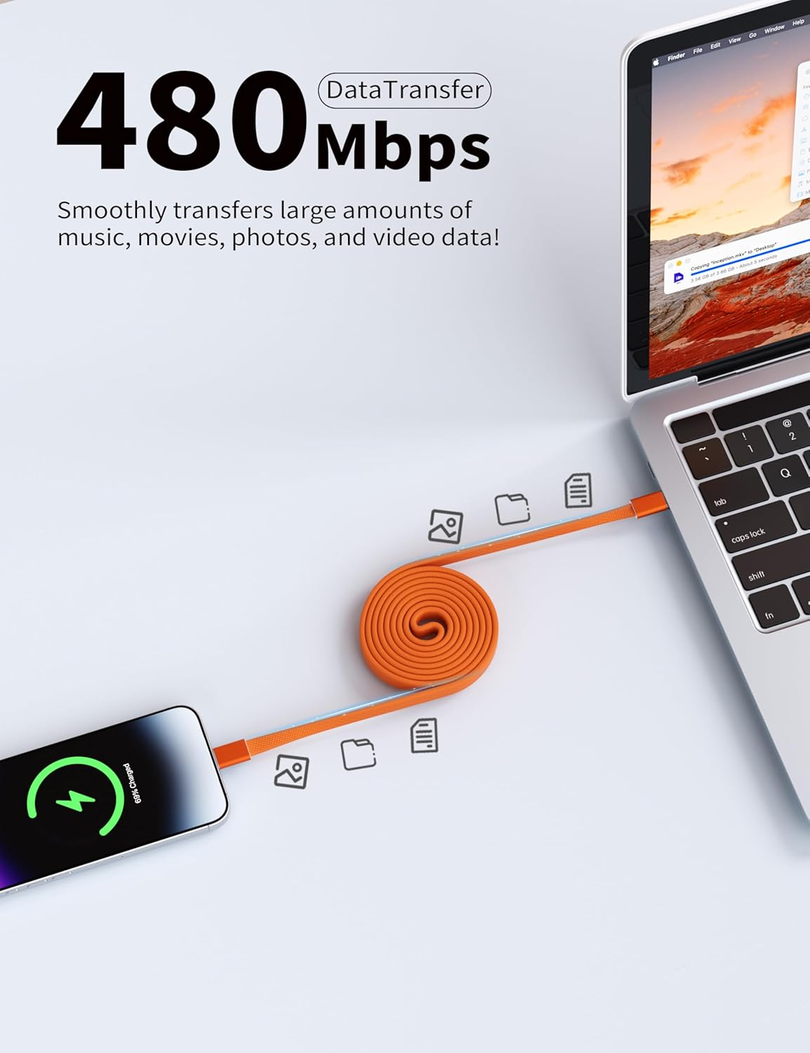 BELAROI 100W Magnetic USB-C Flat Charging Cable 1M, USB C to USB C Fast Charger, Coiled Retractable Tangle Cord for Macbook Pro/Air, Ipad, Iphone 15/16/17 Series, Laptops, Galaxy, Pixel, Etc(Orange) - Orange image number 6