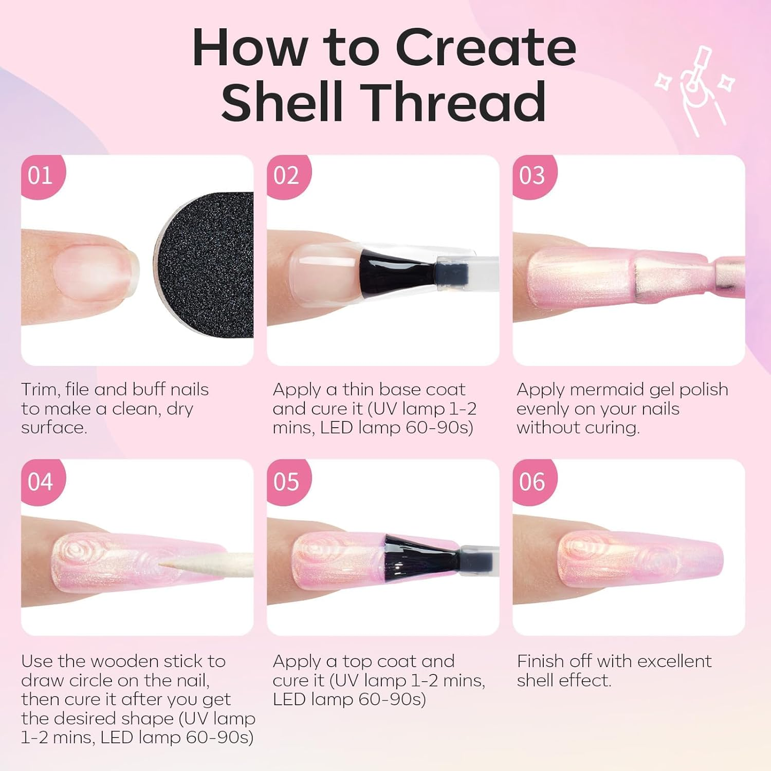 Modelones Pearl Gel Nail Polish Set, 6 Colors Ocean Shimmer White Hot Pink Purple Blue Green Mermaid Glitter Gel Polish Soak off Nail Drawing Nail Gel Polish Swirl Shell Thread Effect DIY Gift image number 2