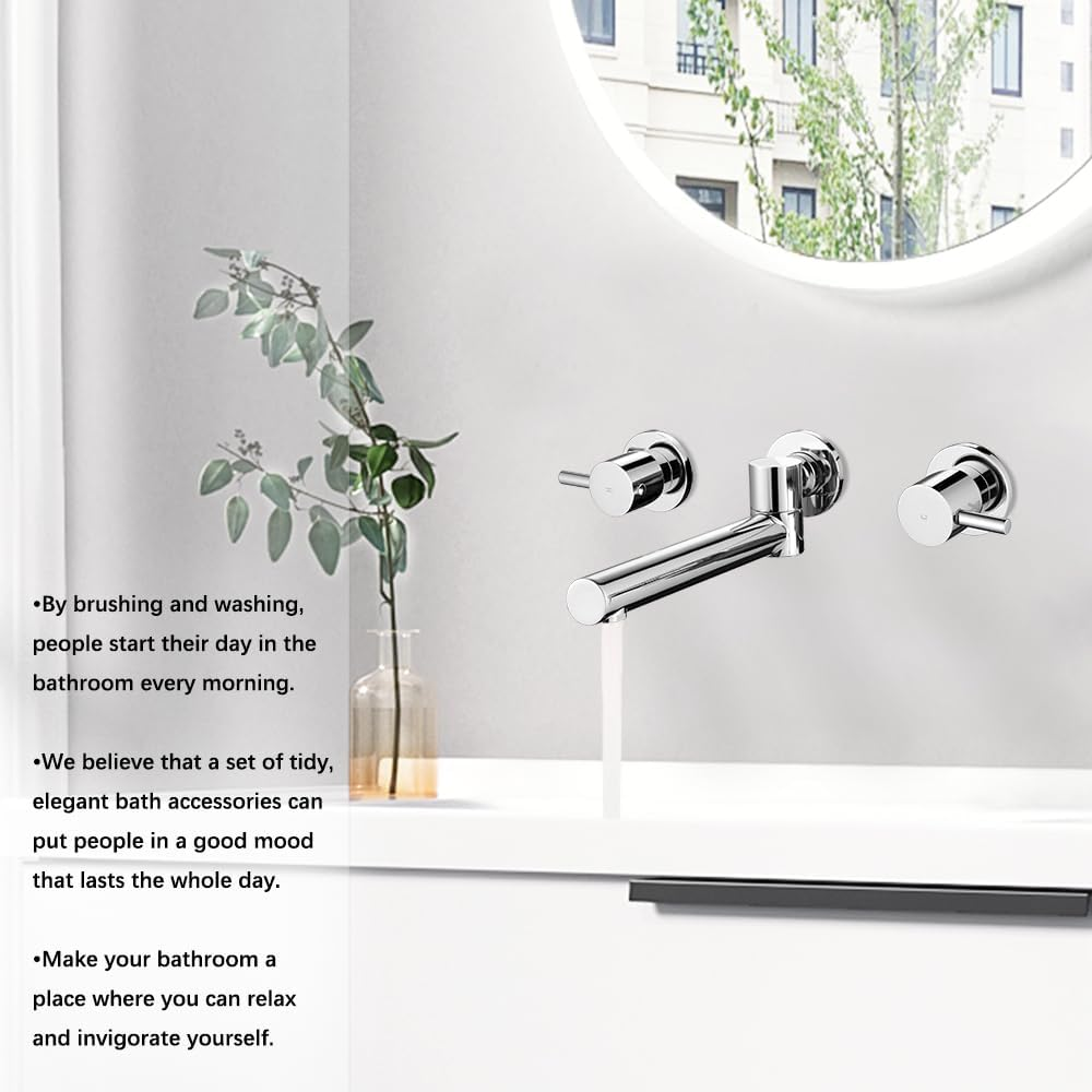 Decaura Bathroom Wall Sink Tap Set Basin Bath Swivel Spout Vanity Spa Bathtub Water Outlet with 1/4 Turn Twin Tap Faucet Brass (Chrome) - Chrome image number 3