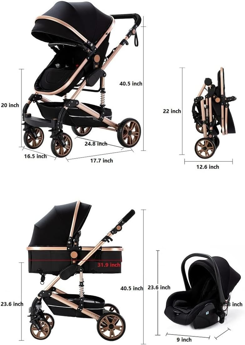 Infant Newborn Baby Pram &ndash; 9 in 1 Convertible Stroller with Cradle I Baby Bassinet I Foldable Aluminum Alloy Anti-Shock Toddler Pushchair I Lightweight, Adjustable & Reclining Stroller Modes - Black image number 1