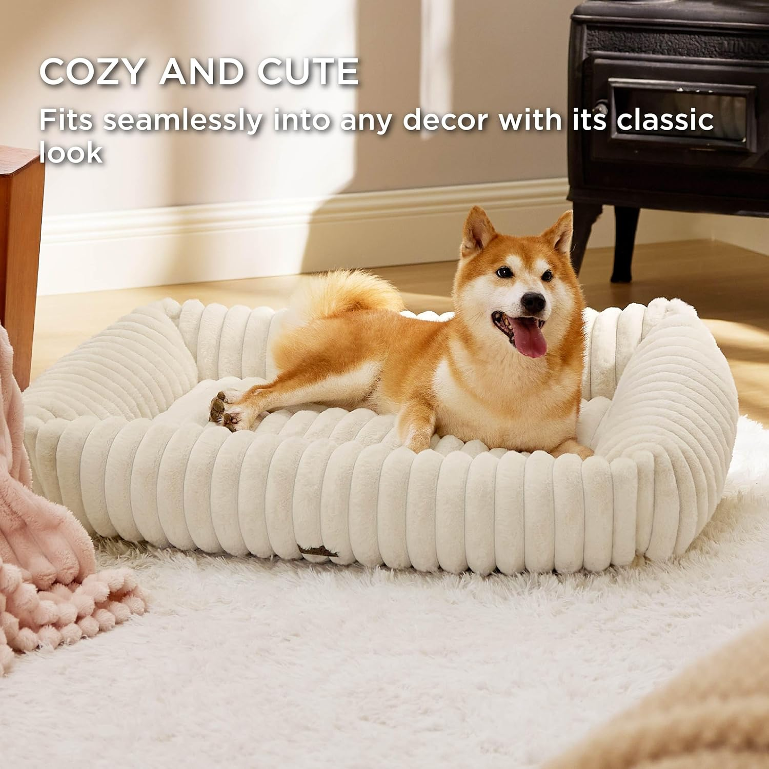 Pet Couch Bed for Large Dogs - Washable Furry Puppy Beds, Rectangle Orthopedic Corduroy Fleece Pet Beds with Removable Zipper Cover (White, 92 X 69 X 20 CM) image number 3