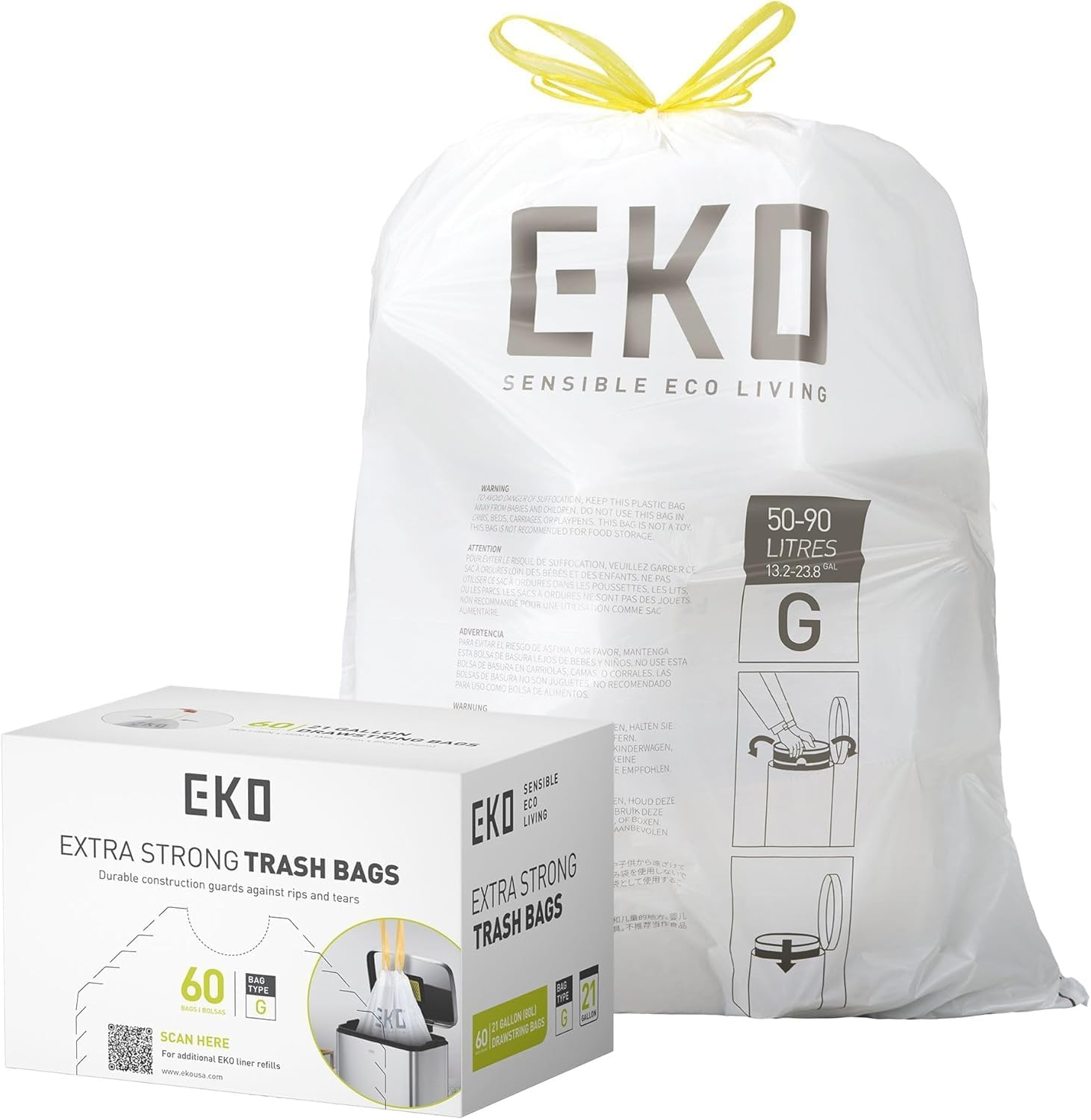 EKO 50&ndash;90L Drawstring Rubbish Bags, 60-Pack Easy-Dispense Roll, Extra-Strong & Leak-Resistant Bin Liners, 21 Gallon, White &ndash; Heavy Duty Kitchen & Household Bags, Code G image number 3